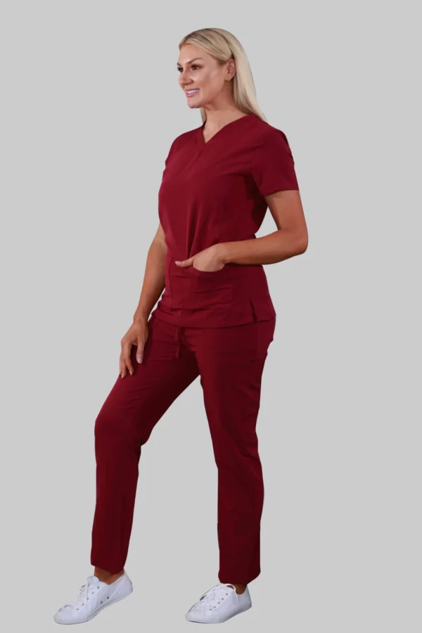 V-Neck Two Pockets Scrub Top (Wine) - Image 2
