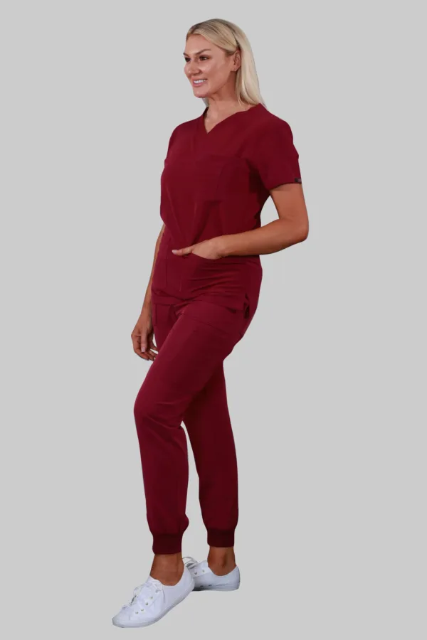 V-Neck Four Pockets Scrub Top (Wine) - Image 4