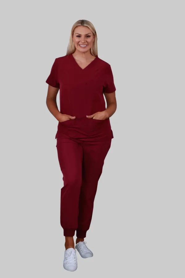 V-Neck Four Pockets Scrub Top (Wine) - Image 2